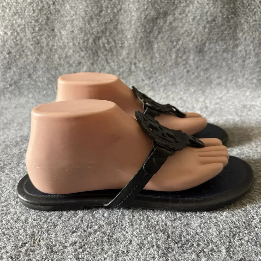 Tory Burch Miller Scalloped Blue Black Thong Sandals Slip-On Flat Cut-Out 10 M